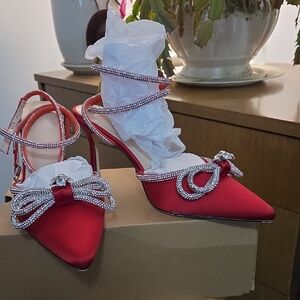 Chic Red Satin Heels with Crystal Bow
